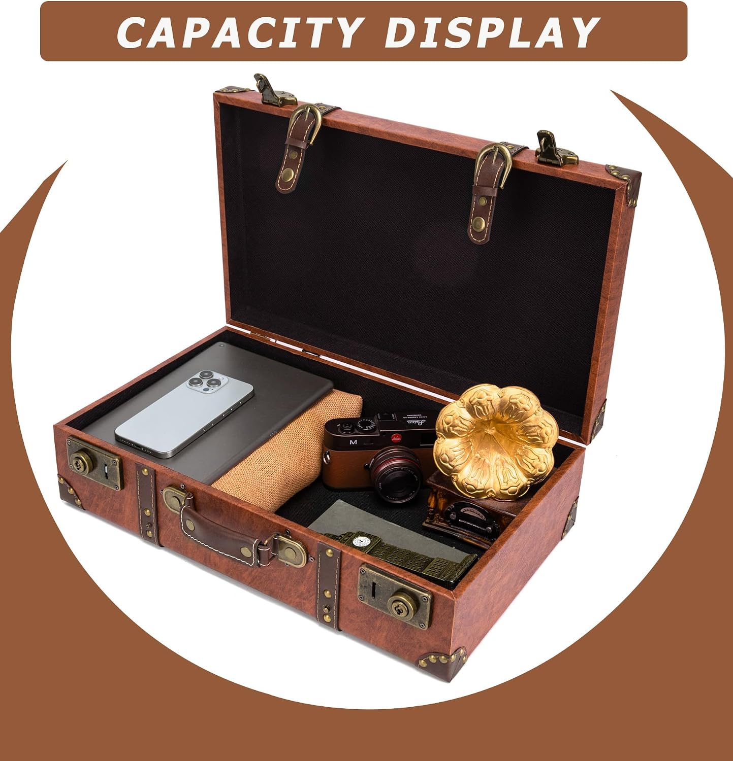 feilario Vintage Leather Storage Trunk, Wooden Core Decorative Prop | Wooden core, leather wrap and riveted corners create vintage charm for decor, photoshoots, gifting and display