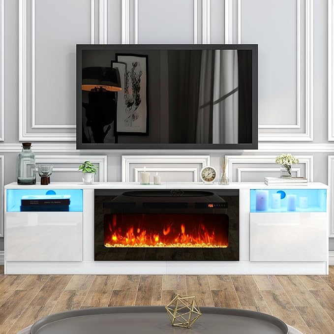 oneinmil 80” TV Stand with 36” Electric Fireplace, Large Modern Media Entertainment Center with Storage Cabinet and 12 Colors LED Lights for TVs Up to 90", White+Black