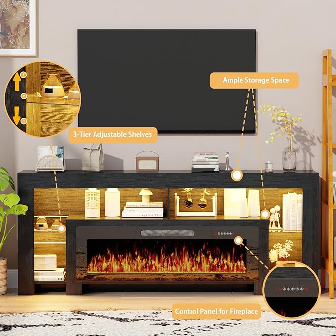 LEMBERI 80 inch Fireplace tv Stand with 50 inch Fireplace Up to 90" TVs,LED Light Entertainment Center and Storage, Modern Wood Media Television Console for Living Room