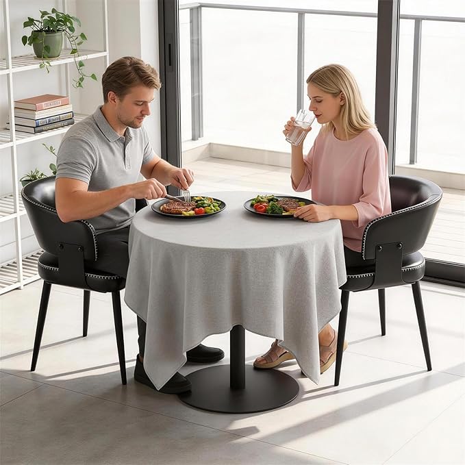 Modern Dining Chairs Set of 2, Upholstered Faux Leather Kitchen Side Chairs with Curved Open Back, Elegant Decorative Stitching, Easy Assembly for Dining Room, Restaurant, Cafe, Vintage Black