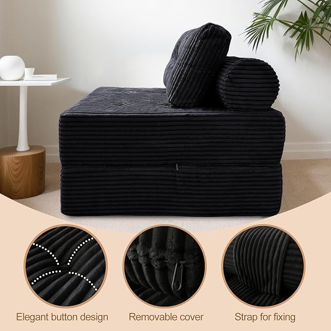 Sofa Bed Futon, Versatile Foldable Sleeper Chair with Pillow, Supportive Memory Foam, Plush Corduroy Fabric, Cozy Floor Couch, Convertible Mattress for Bedroom/Living Room/Guest/Office, Black
