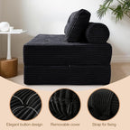Sofa Bed Futon, Versatile Foldable Sleeper Chair with Pillow, Supportive Memory Foam, Plush Corduroy Fabric, Cozy Floor Couch, Convertible Mattress for Bedroom/Living Room/Guest/Office, Black