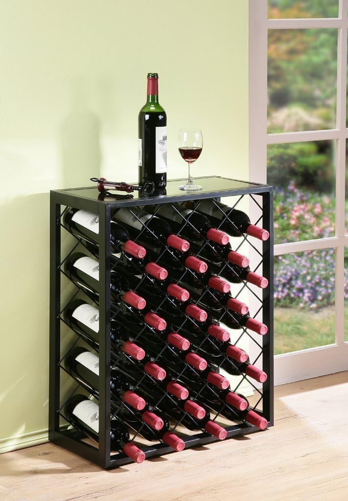 Mango Steam 32 Bottle Wine Rack with Black Glass Top Shelf, Free Standing for Home, Kitchen and Bar