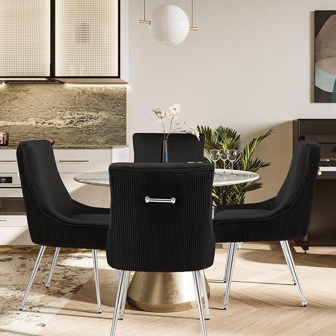 Modern Dining Chairs Set of 2 with Silver Metal Legs, Velvet Upholstered Kitchen Chair Pleated Back, Mid Century Accent Chair for Vanity, Living Room, Black