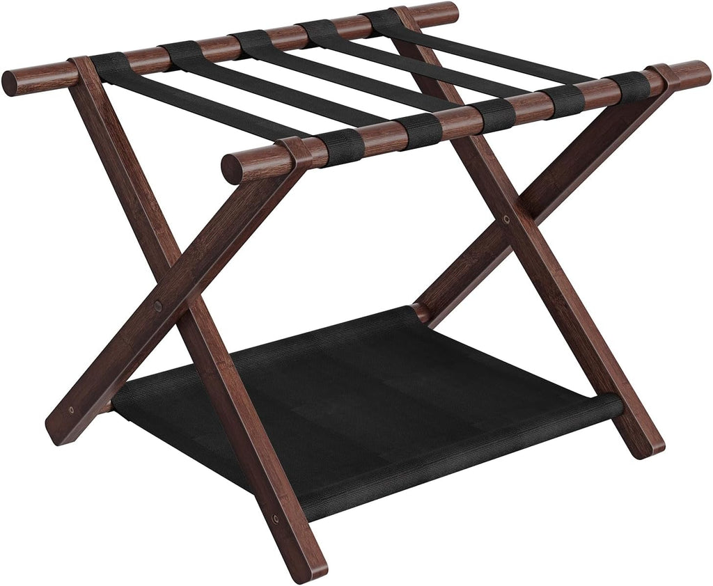 HOOBRO Luggage Rack, Folding Luggage Holder, Bamboo Suitcase Stand, with Fabric Storage Shelf, Suitcase Holder for Guest Room, Hotel, Bedroom, Brown and Black BR20XL01