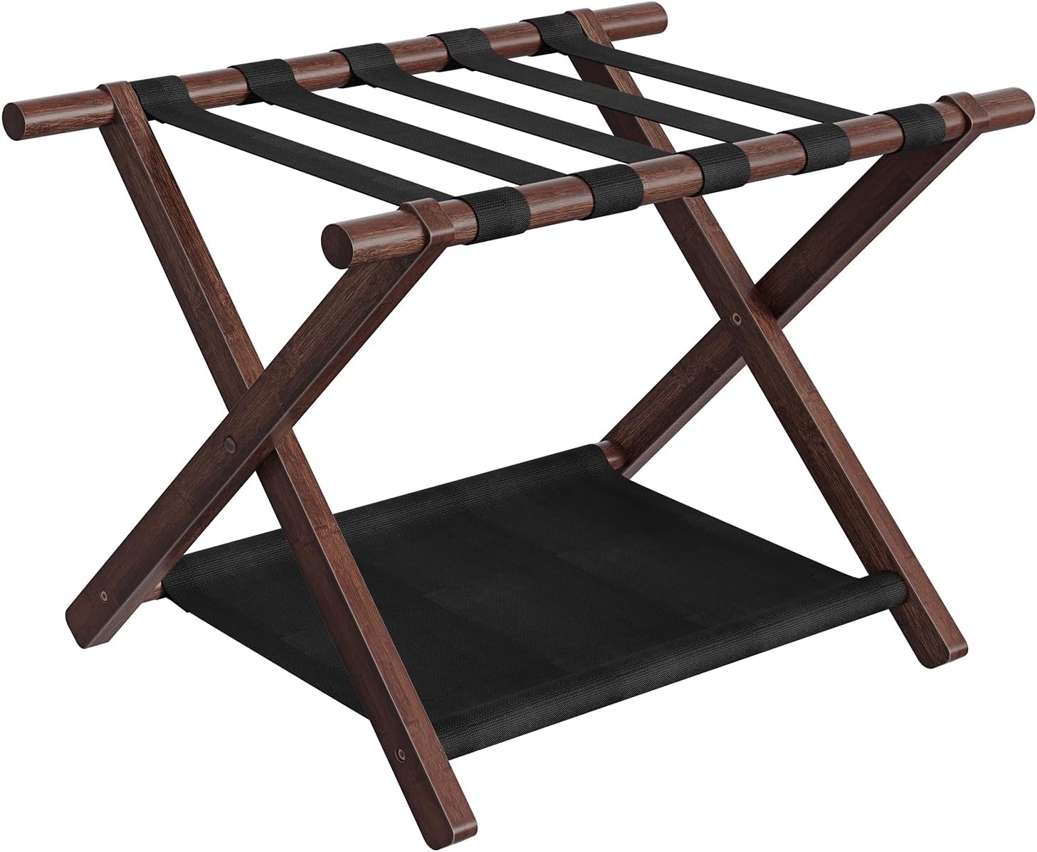 HOOBRO Luggage Rack, Folding Luggage Holder, Bamboo Suitcase Stand, with Fabric Storage Shelf, Suitcase Holder for Guest Room, Hotel, Bedroom, Brown and Black BR20XL01
