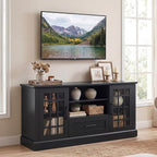 Tangkula Farmhouse TV Stand for TV up to 65 70 Inches, Tall Media Console Table with 2 Glass Storage Cabinets, 1 Drawer & 2 Open Shelves, Wooden Entertainment Center for Living Room (Black)