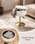LITZFUR Gold Vanity Stool with Storage, Swivel Vanity Chair, White | Height Adjustable Makeup Stool, Faux Fur Small Round Ottoman Footrest for Bathroom, Bedroom
