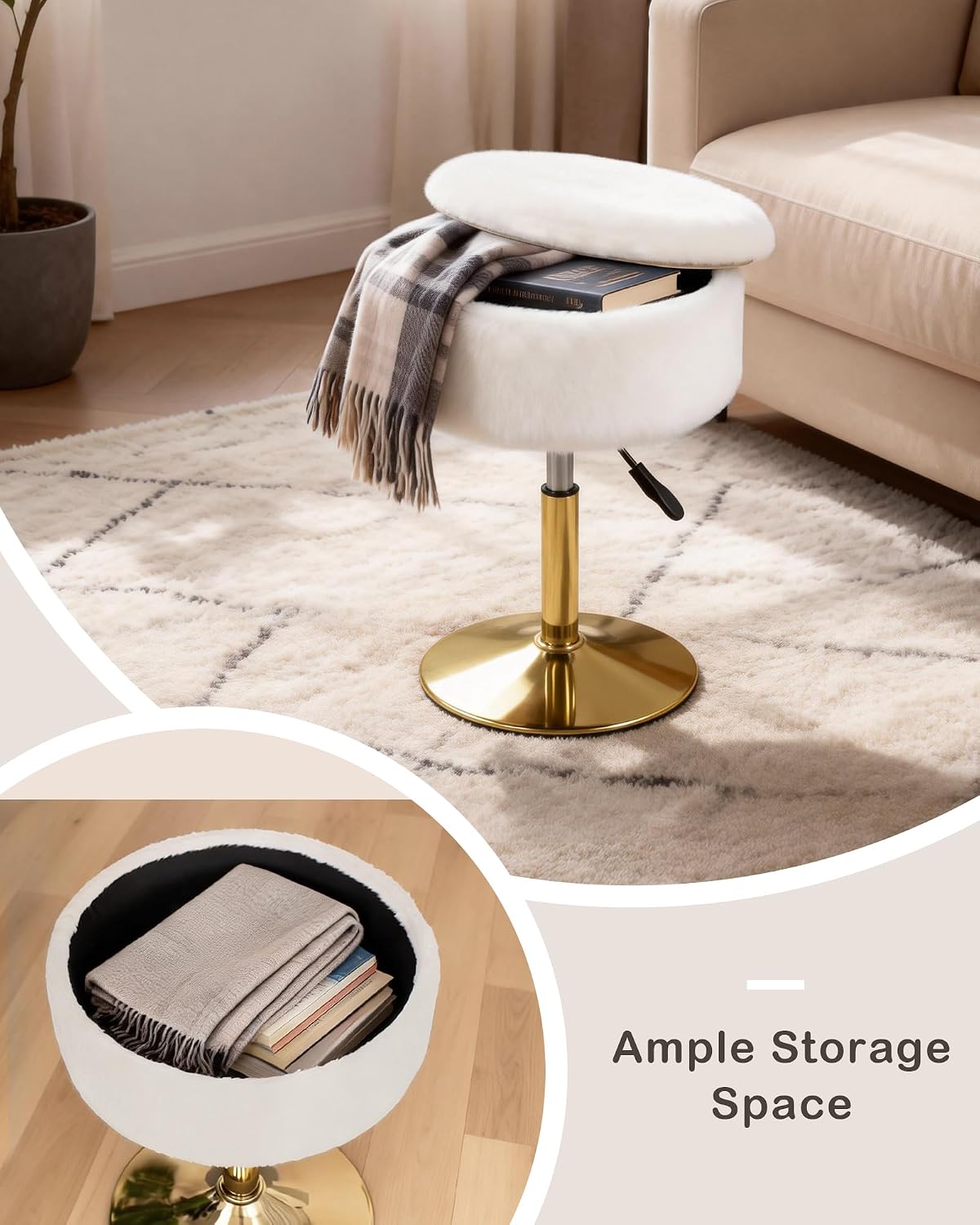 LITZFUR Gold Vanity Stool with Storage, Swivel Vanity Chair, White | Height Adjustable Makeup Stool, Faux Fur Small Round Ottoman Footrest for Bathroom, Bedroom