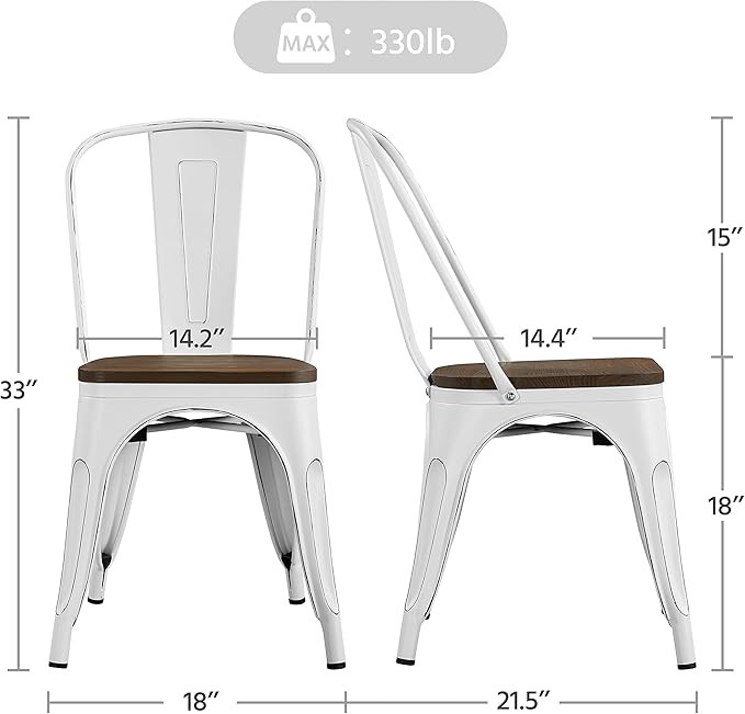 Yaheetech Metal Dining Chairs Set of 4, Industrial Stackable Kitchen Chairs with Wood Top Seat for Dining Room/Restaurant/Bistro/Patio, Indoor & Outdoor Use, White