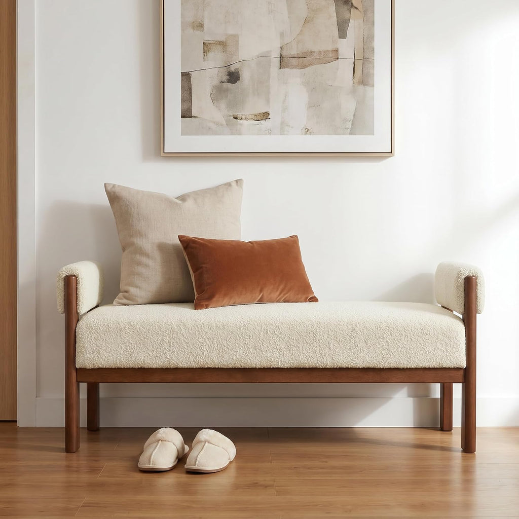 VKNOW 51.8”End of Bed Bench Upholstered Bedroom Bench with Arms, Beige | Solid Rubberwood Legs, Soft Fabric, Thickened seat cushion, Bedroom Living Room Entryway Dressing Areas, Easy to Assemble