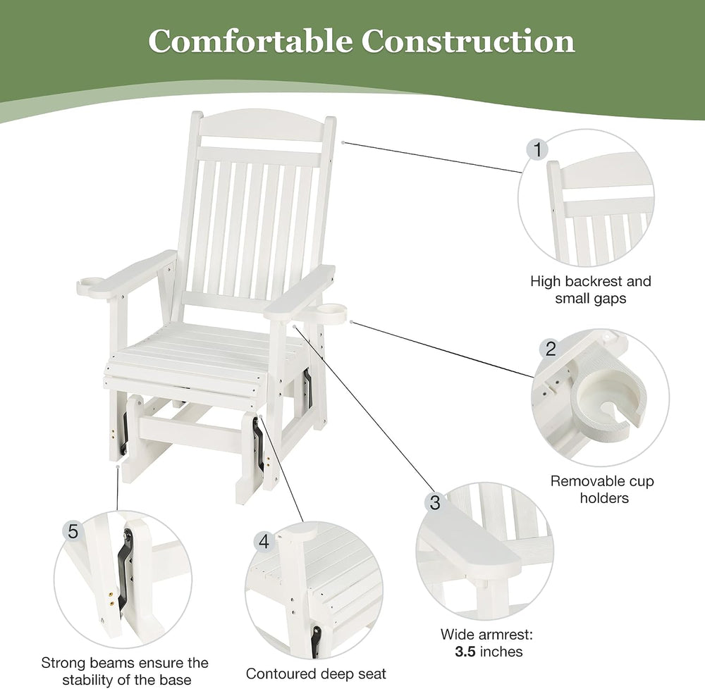 Poly Lumber Patio Glider for One Person, with Cup Holders, High Backrest and ...