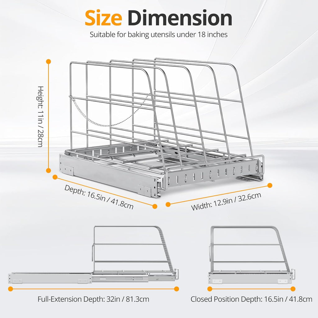Pull Out Cabinet Organizer for Cutting Board, Cookie Sheet, Baking Sheet, Stainless Steel Sliding Rack for Bakeware & Trays, Heavy-Duty Cutting Board Organizer (12.9” x 16.5” (32.6 x 41.8 cm))
