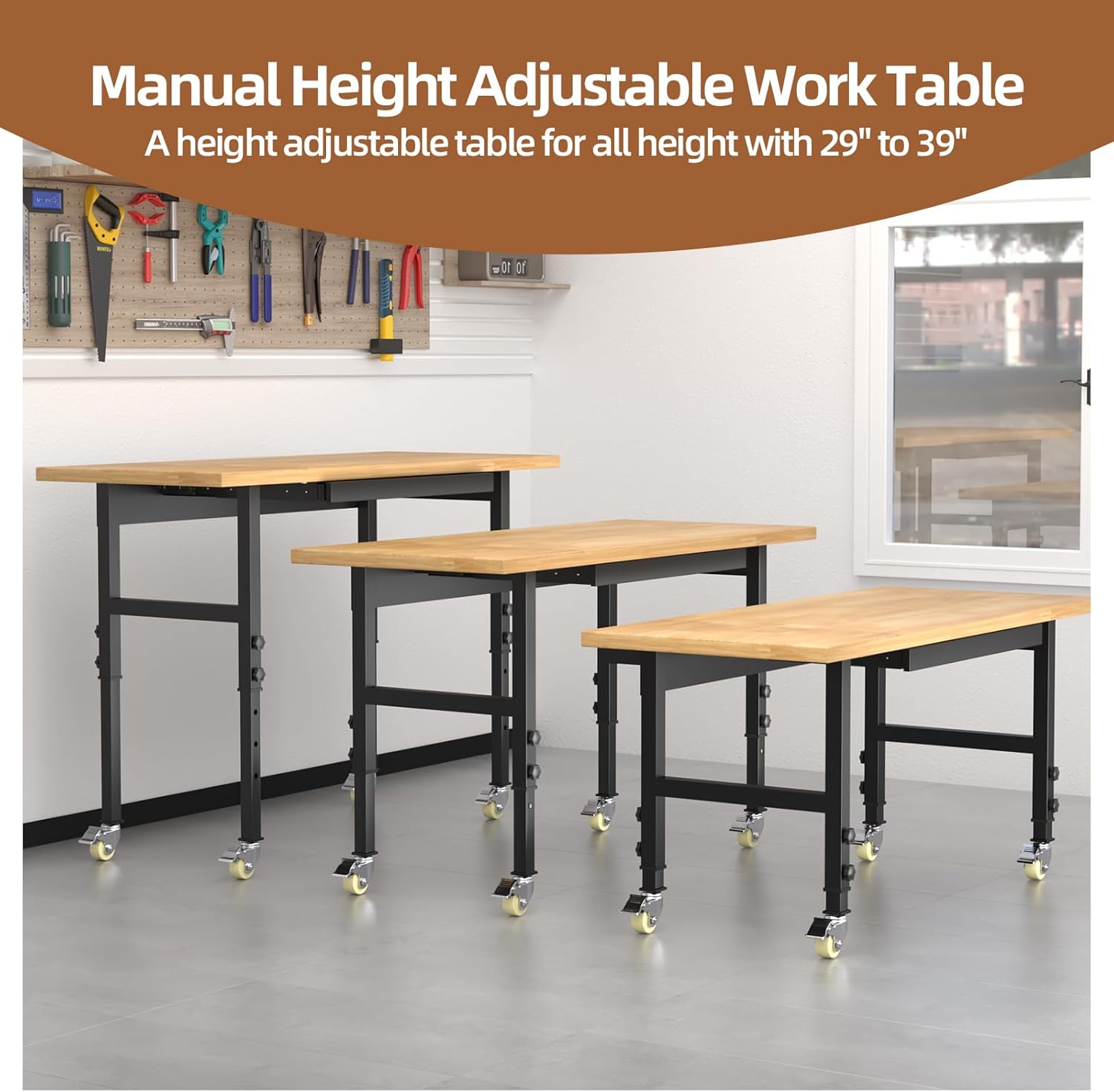 48" Adjustable Workbench, Work Bench Table with Wheels and Power Outlet, Rolling Workbench with Drawers, Large Load Capacity Garage Workbench for Workshop,Office,Home