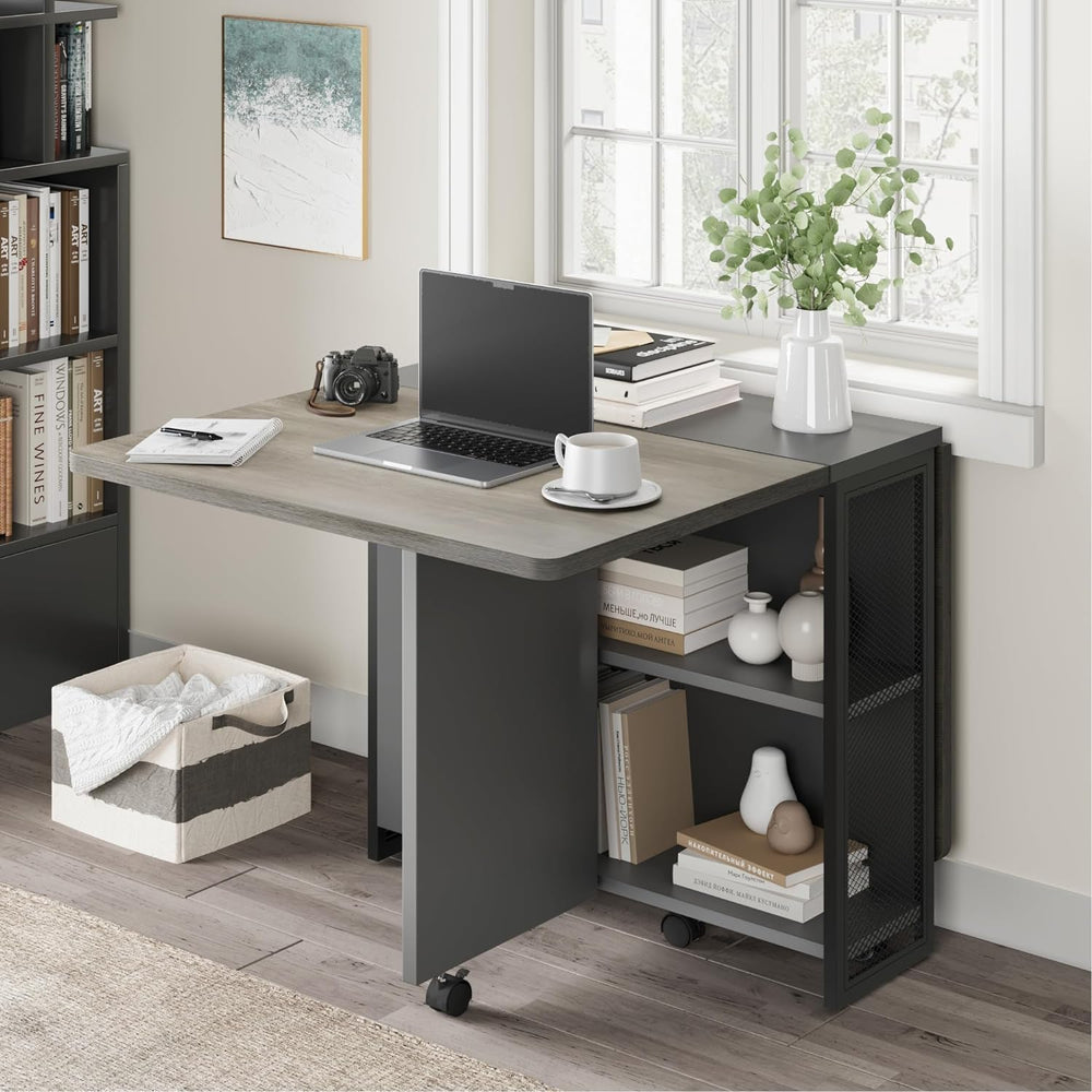 CABIHOME 50" Space Saving Folding Dining Table with 2 Tier Storage-Exten...
