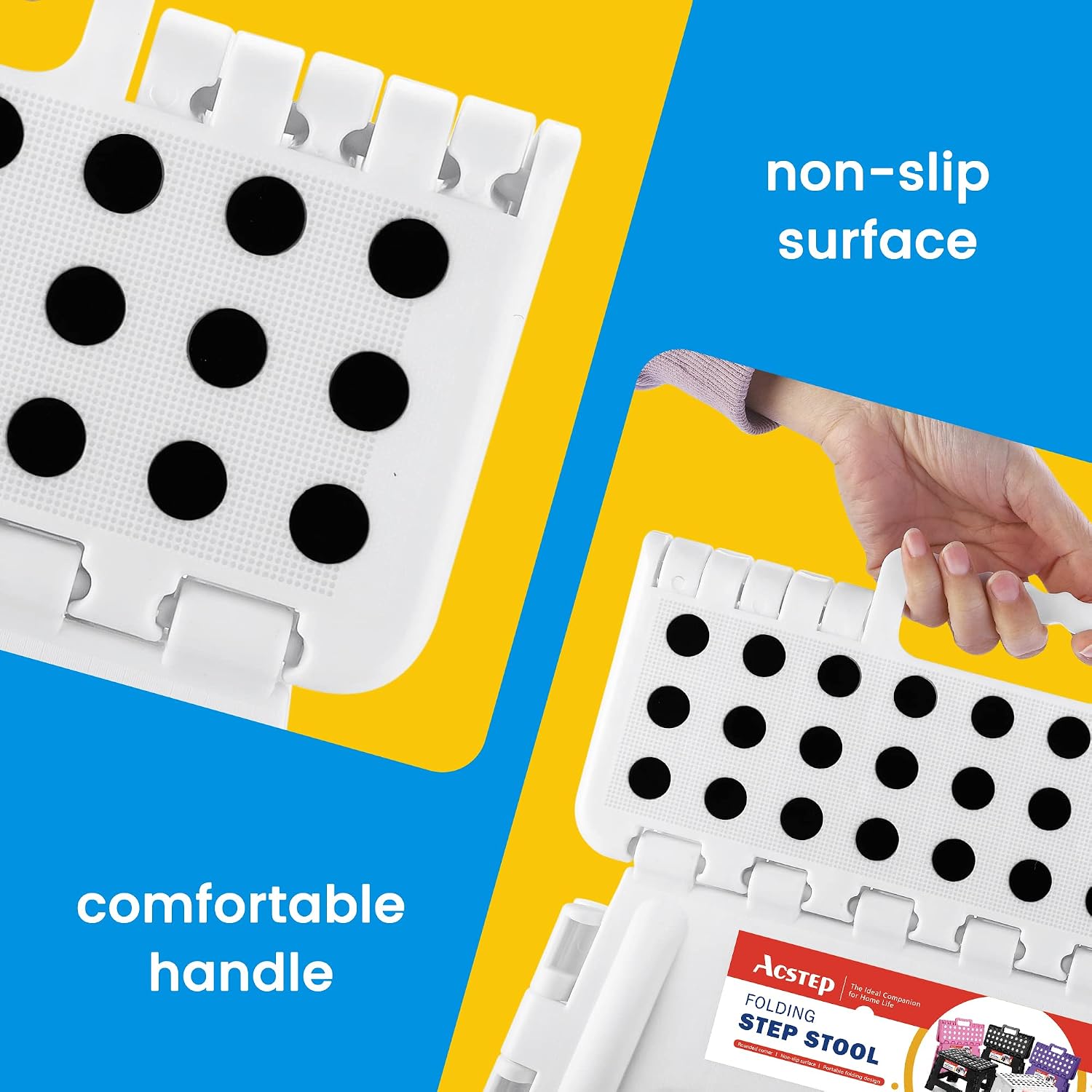 ACSTEP 9 Inch Wide and 9 Inch Folding Step Stool 2-Piece Set, 300 LB Capacity Plastic Foldable Stools with Handle, Non-Slip Step Stool, Home Use (White & White)