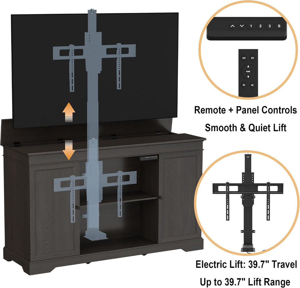 GDLF Hidden Motorized TV Lift Cabinet for 55-65 Inch TVs, Walnut | Remote control operation raises or lowers the screen, while interior compartments organize media devices and accessories