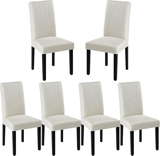 VECELO Upholstered Dining Chairs Set of 6, Modern Fabric and Solid Wood Legs & High Back for Kitchen/Living Room- Beige