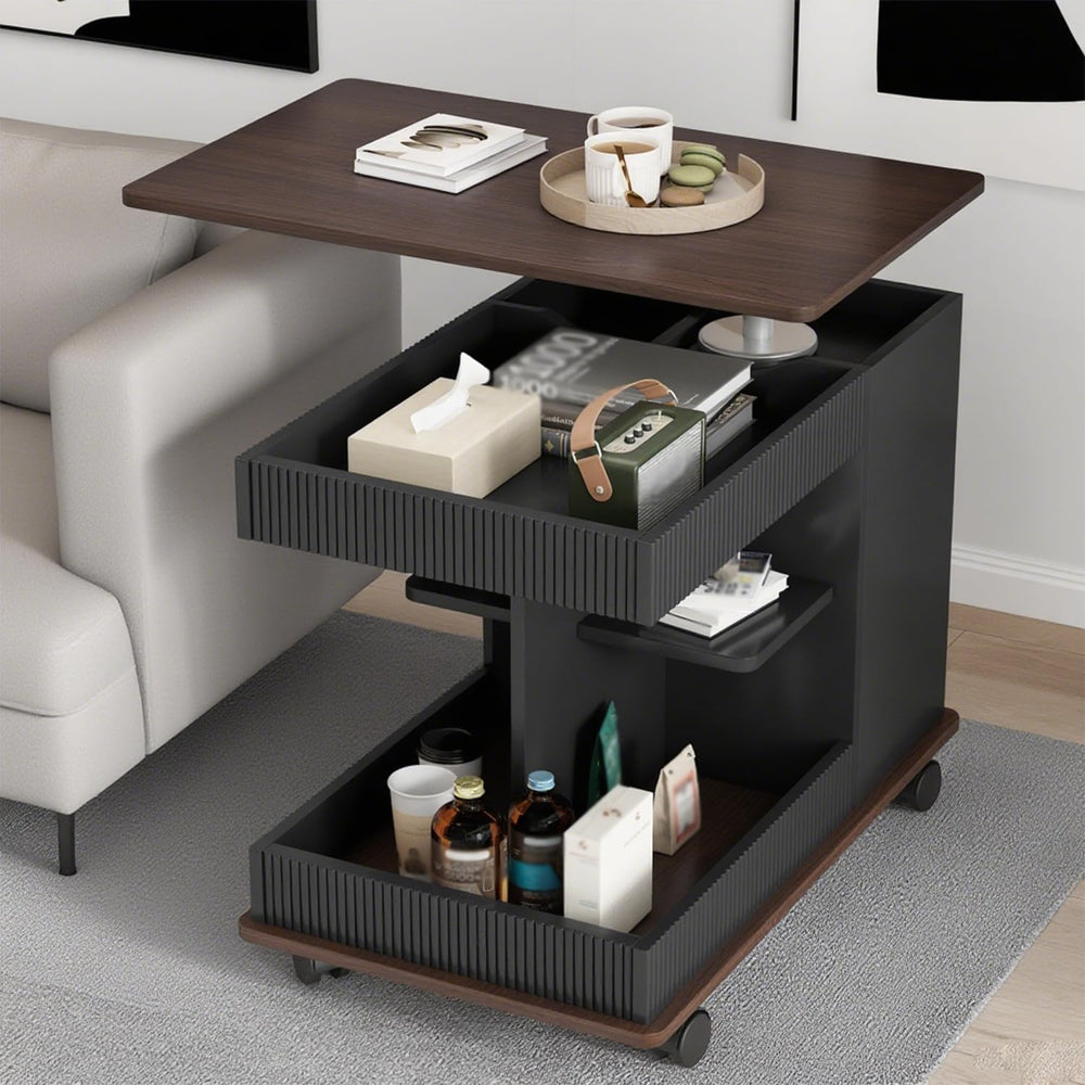 Lift Top End Table with Wheels, Rotating Sofa Side Table, 360°Rotating Top &a...