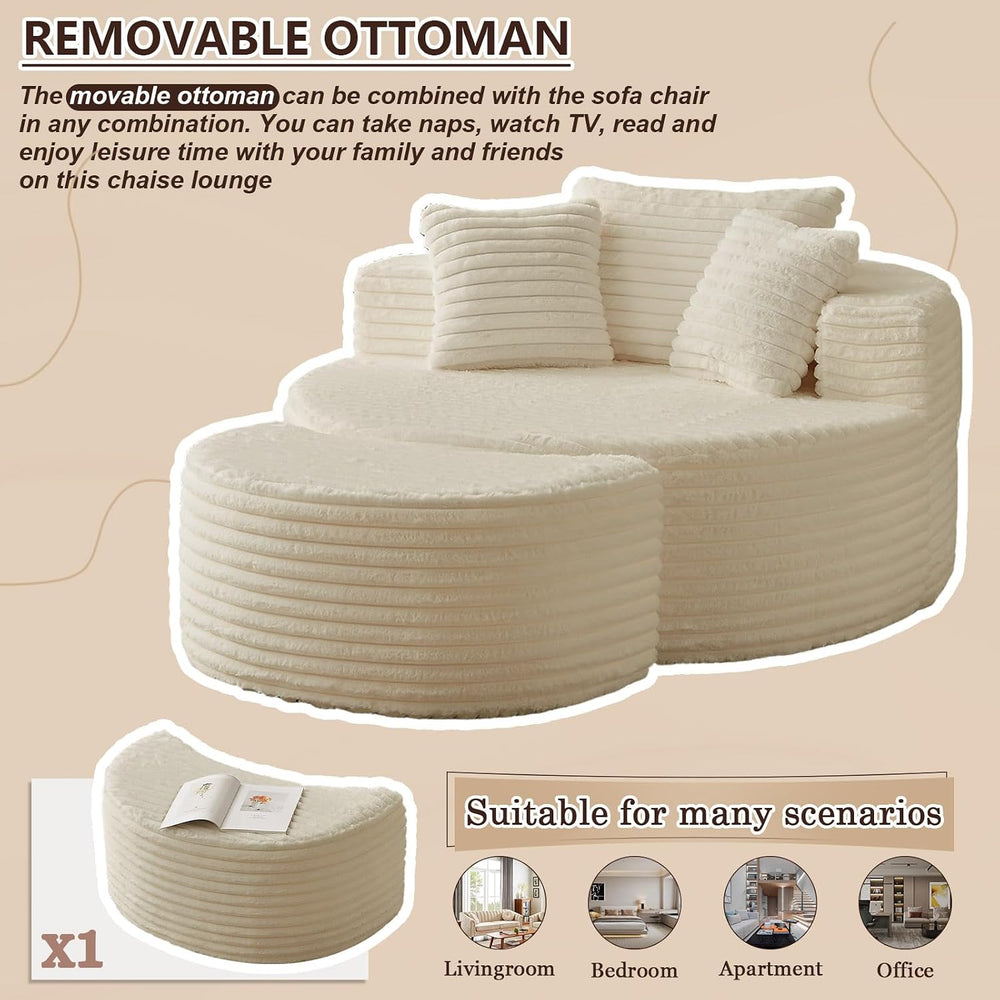 75''L Oversized Round Lounge Chair with Ottoman, Modern Corduroy Acce...