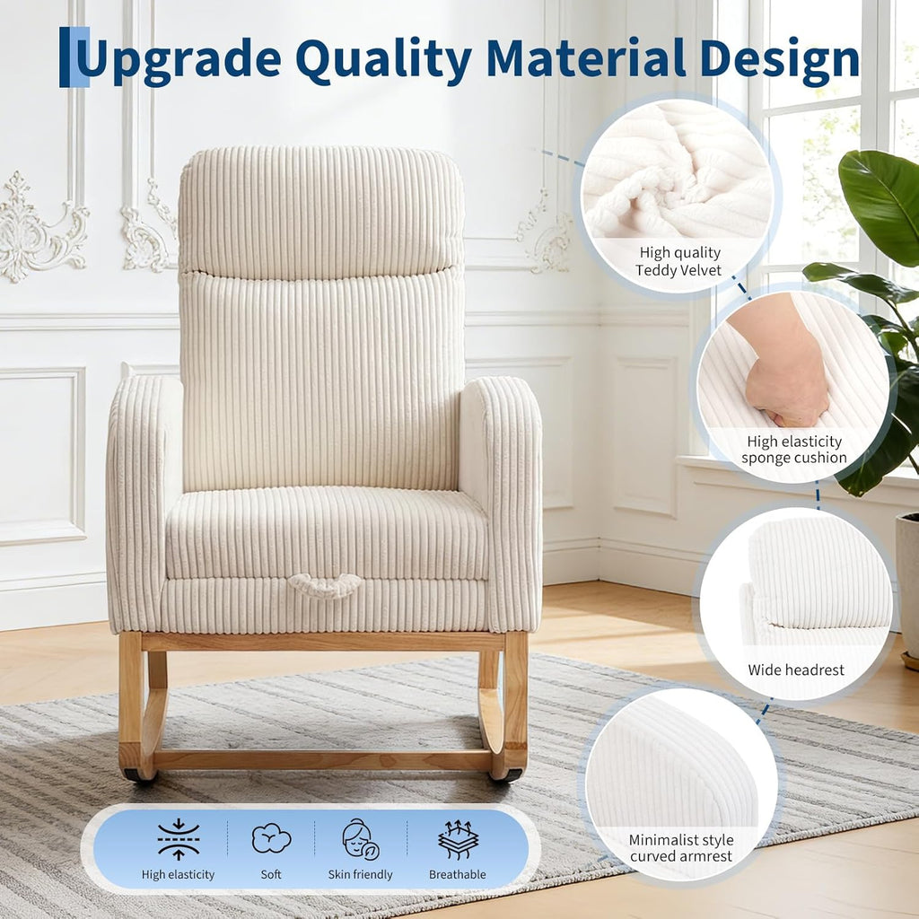 GarveeLife Nursery Rocking Chair,300lb Glider Chair with Solid Wood Legs/Two Side Pockets,Corduroy Upholstered Glider Rocker with Footrest High Backrest for Living Room/Bedroom/Nursery