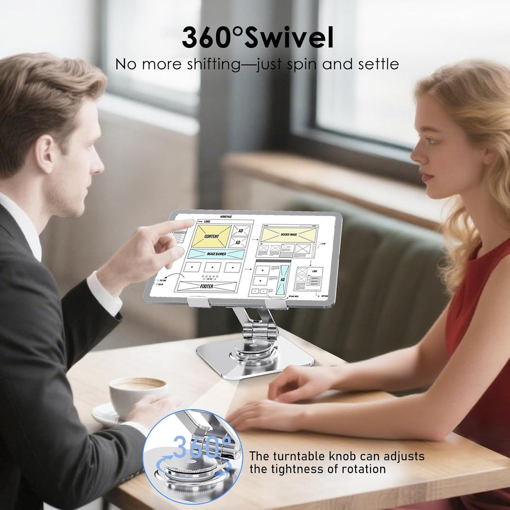 Tablet Stand for Desk, 360° Swivel for iPad Holder, Aluminum Adjustable Tablet Holder, Compatible for iPad Pro Air Mini Surface Pro Samsung Galaxy Tabs Kindle, 4-12.9 inch, Silver