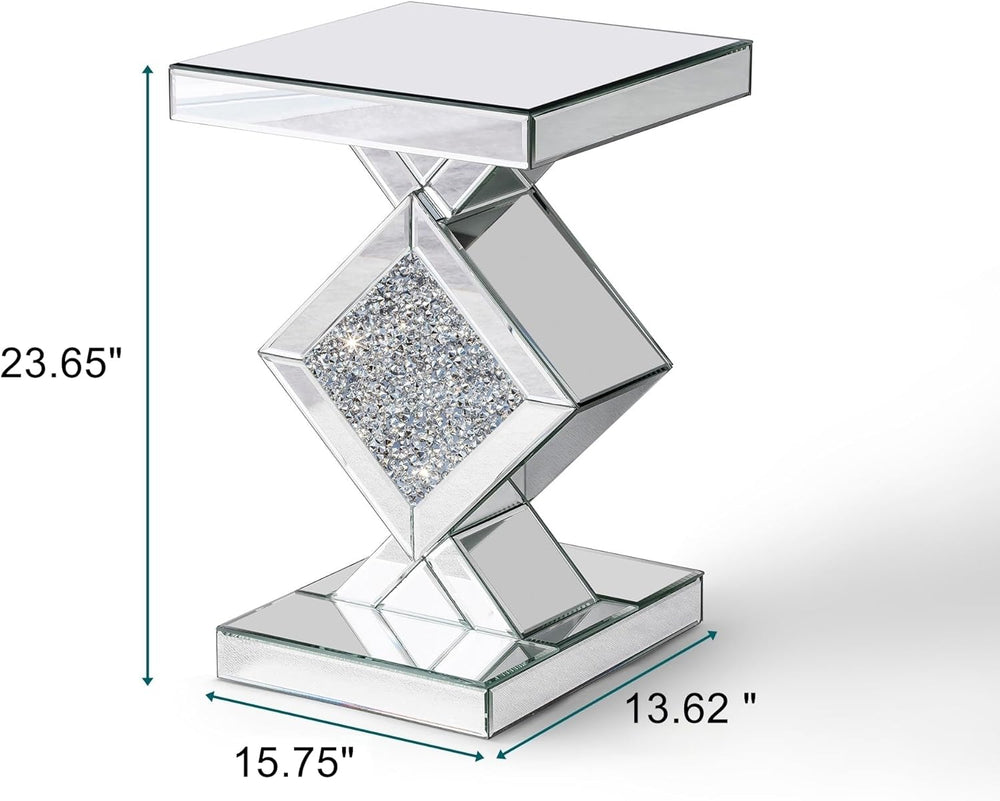 SHYFOY Glass End Tables Living Room, Glam Square Mirrored Side Table with Cru...