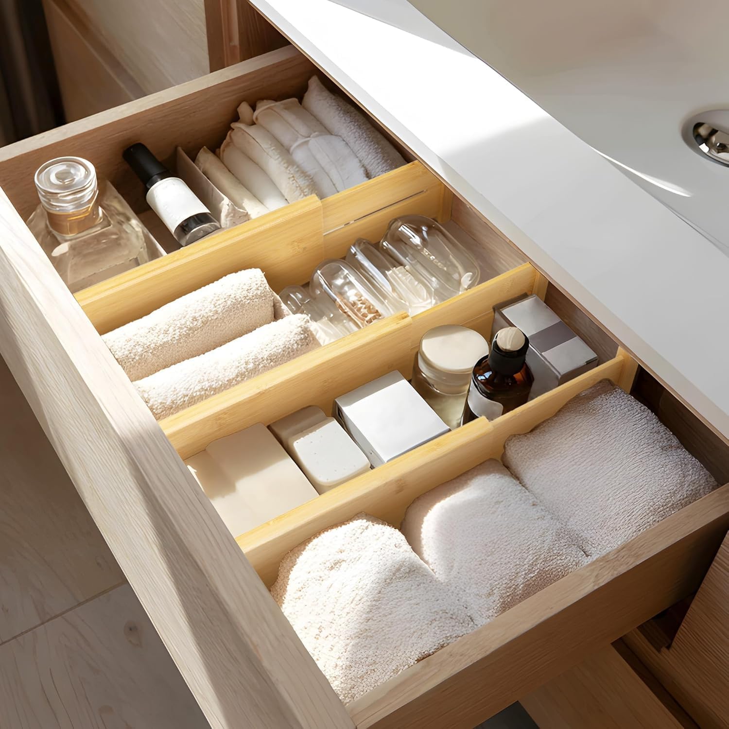 VaeFae 6 Pack Bamboo Drawer Dividers, 4" High Adjustable 11.9-17.1" Clothes Drawer Organizers, Expandable Separators for Bedroom/Bathroom/Kitchen/Office Storage
