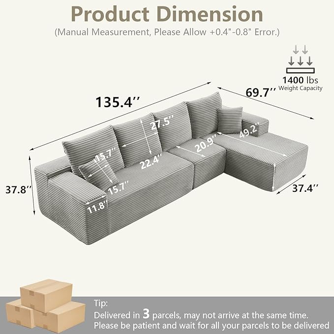 135" Cloud Sectional Couch with L-Shape Chaise, Modern Modular Comfy Sof...