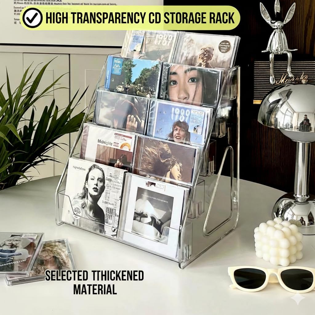 Acrylic CD Rack 5-Tier Cascading CD Storage Organizer, Holds Up to 30 CD Jewel Cases, Clear CD & DVD Display Shelf for Music, Postcards & Cosmetics（1PC）