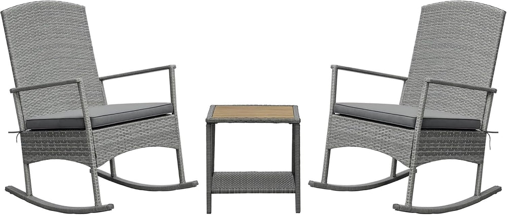 Outsunny 3 Piece Patio Rocking Chair Set, 2 PE Wicker Rocking Chairs, Cushion...