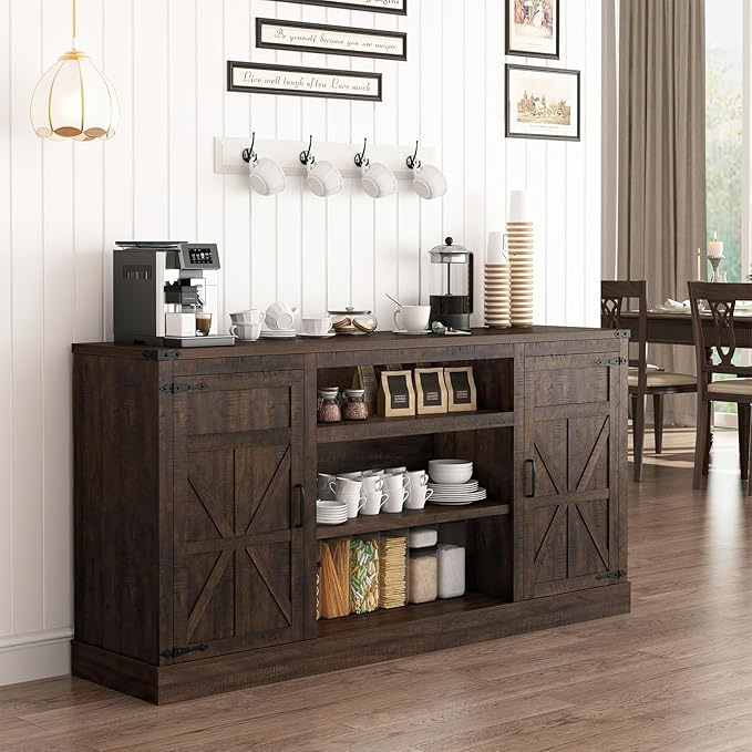 66" Farmhouse TV Stand with Power Outlets for 75 Inch TVs, 33" Tall Entertainment Center with Storage Cabinets w/Adjustable Shelves, Rustic Large TV Media Console for Living Room, Brown