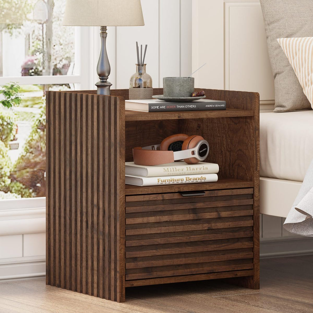 BON AUGURE Fluted Nightstand with Drawer and Storage Shelf, Modern Wood Bedsi...