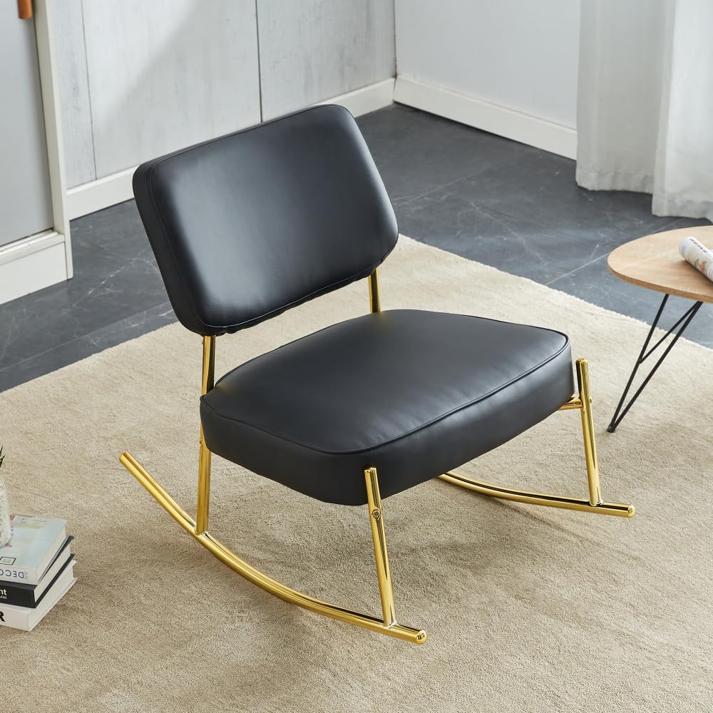Modern Rocking Chair with PU Cushioned Seat, Black Backrest, Gold Metal Legs ...