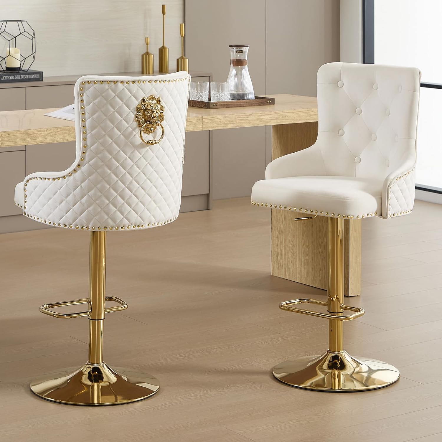 Gold Barstools Set of 4,Velvet Swivel Bar Height Stools with Lion Pull Ring,Upholstered Counter Height Stools with High Tufted Back,Modern Adjustable Bar Chairs for Kitchen Island/Cafe,Cream