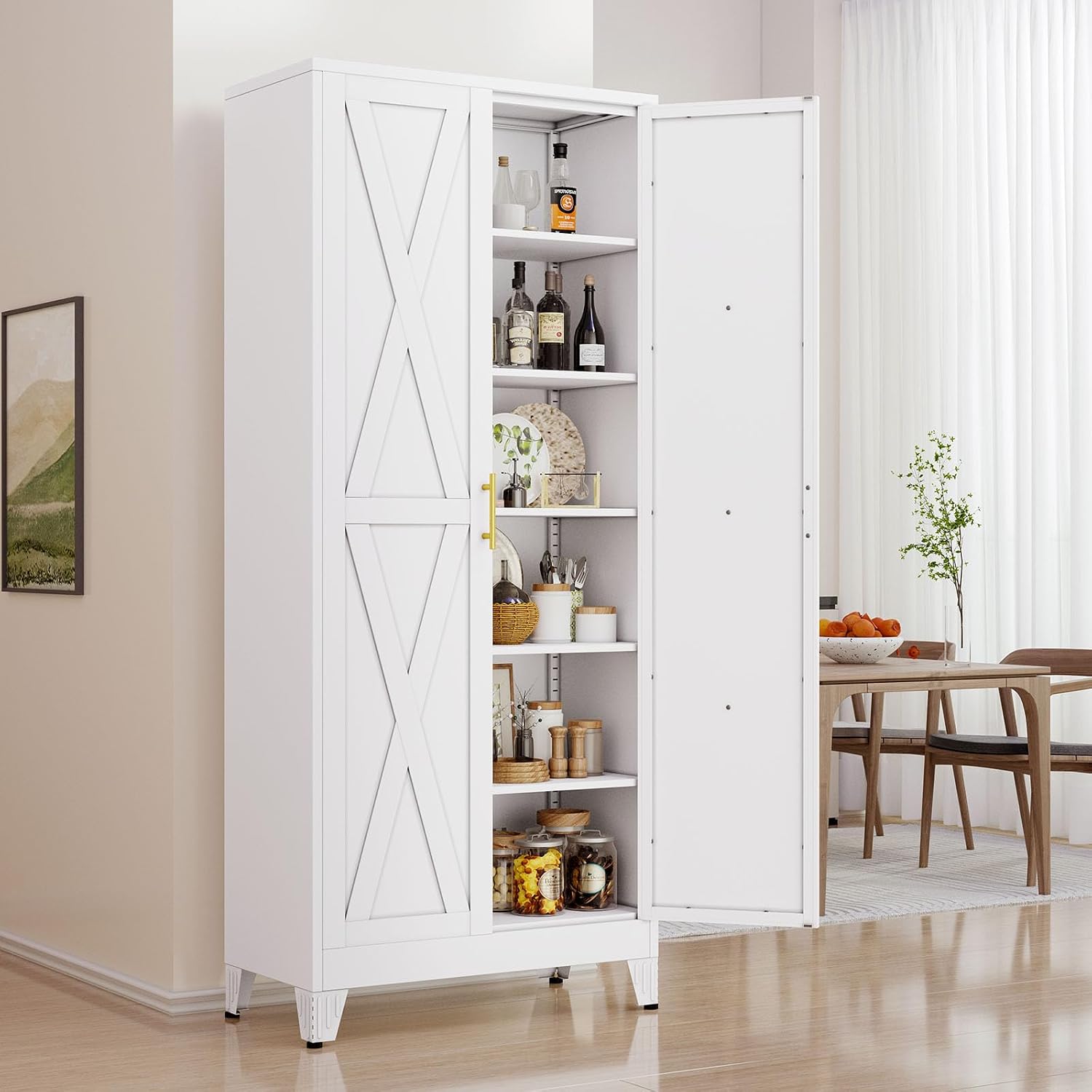 pozdeg 75" Tall Metal Kitchen Pantry Storage Cabinet with 2 Doors and 5 Adjustable Shelves, White Food Freestanding Cupboard for Kitchen, Dining Room, Bathroom and Garage (White)
