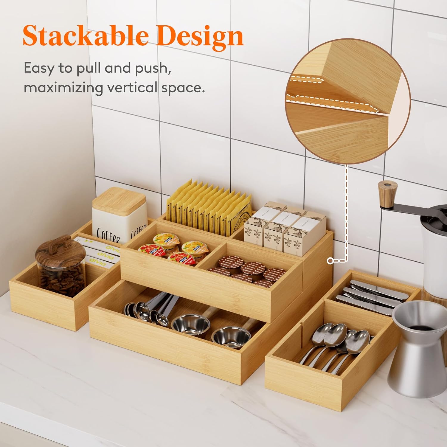 Lifewit Drawer Organizers 10 Pack(22 Grid) with 12 Inserts | Adjustable Bamboo Wooden Trays for Utensils, Silverware, Makeup, Kitchen, Bathroom, Office, Vanity Storage