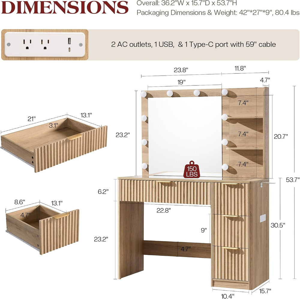 LUXOAK 36" Makeup Vanity Desk with Mirror & LED Lights, Oak | Fluted...