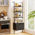 Giantex 72.5" Ladder Bookshelf with Cabinet, 5-Tier Tall Wall-Mounted Shelf w/Storage, Modern Style Kitchen Open Shelving Organizer, Heavy-Duty Metal Frame Display Rack for Living Room,Black
