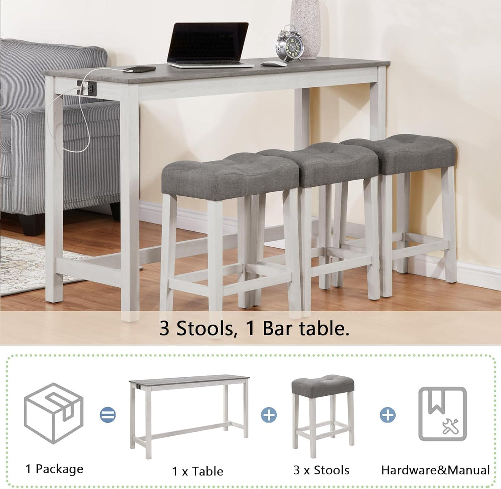 59'' Dining Bar Table and Chairs Set with Power Outlet, 4-Piece Indus...