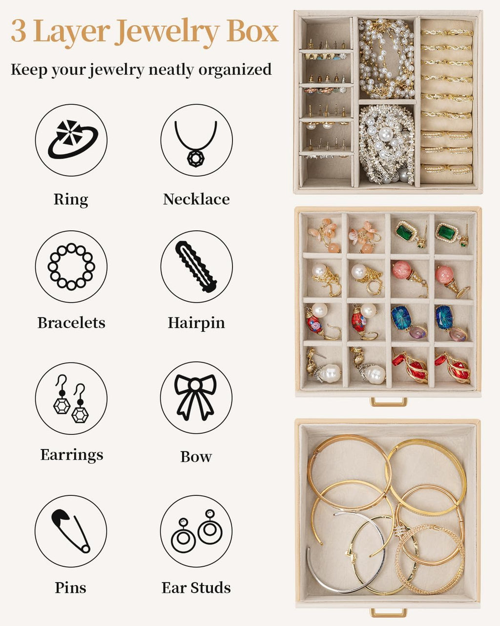 TORIBIO Jewelry Box for Women, Leather Jewelry Organizer with Mirror & Lock, 3-Tier Jewelry Storage Organizer with 2 Drawers for Girls/Women/Mothers, Necklace Earring Bracelets Holder Organizer