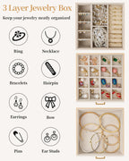 TORIBIO Jewelry Box for Women, Leather Jewelry Organizer with Mirror & Lock, 3-Tier Jewelry Storage Organizer with 2 Drawers for Girls/Women/Mothers, Necklace Earring Bracelets Holder Organizer