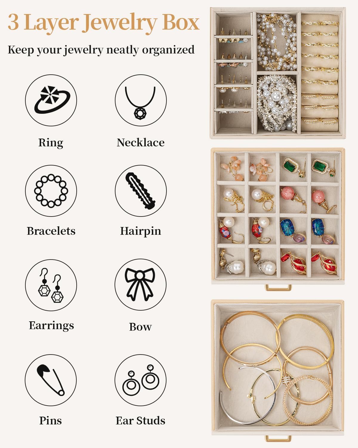 TORIBIO Jewelry Box for Women, Leather Jewelry Organizer with Mirror & Lock, 3-Tier Jewelry Storage Organizer with 2 Drawers for Girls/Women/Mothers, Necklace Earring Bracelets Holder Organizer