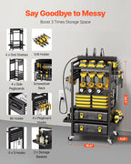 VEVOR 5-Tier Tool Organizer Cart with Charging Station, 8 AC Outlet, Floor Stand Rolling Drill Holder and Tool Battery Storage Rack on Wheels, Garage Floor Rolling Storage Cart for Workshop, Garage