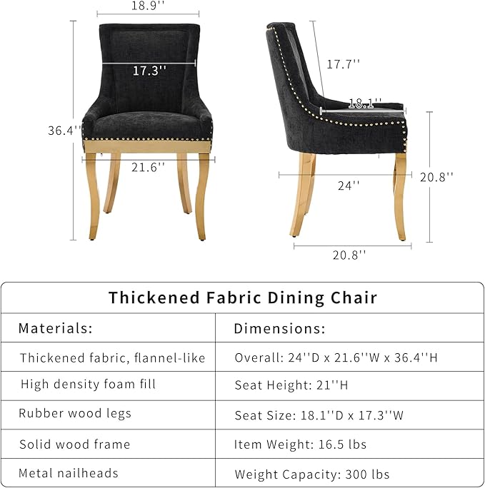 Dining Chairs Set of 8, Kitchen & Dining Room Chairs, Chenille Fabric Upholstered Dinning Chairs, Sillas De Comedor, Nailhead Trim, Metal Legs (Black, 8 Pcs)