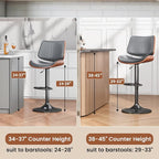 Swivel Bar Stools Set of 4, Adjustable Bentwood Barstools for Kitchen Counter, Modern PU Leather Upholstered Bar Chair with Back and Footrest, for Kitchen Island, Bar, Dining Room, Gray