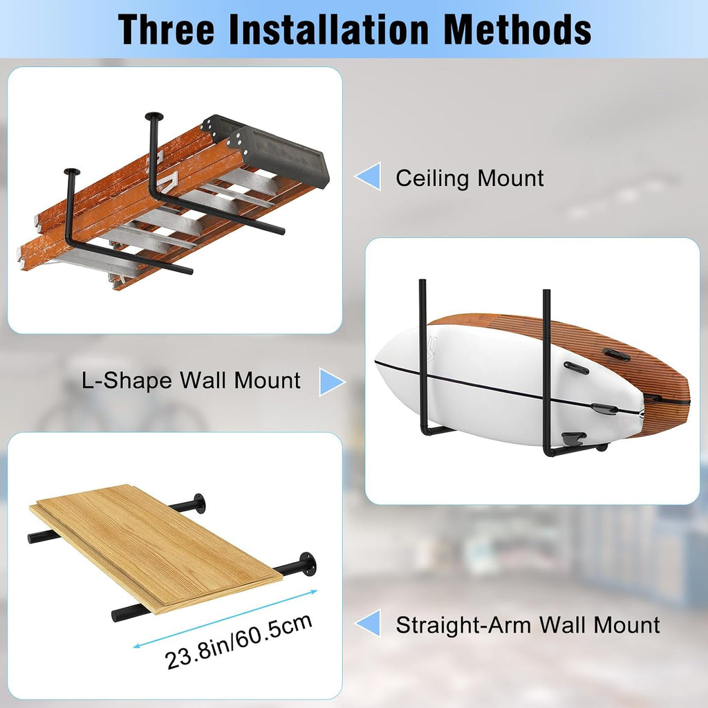 Sunexinlo Surfboard Wall Mount or Ceiling Rack, Heavy-Duty Garage Ceiling Storage Racks with Sponge Pads for Ladder, Surfboard, Snowboard, Paddle Boards, Holds 100 lbs, Black