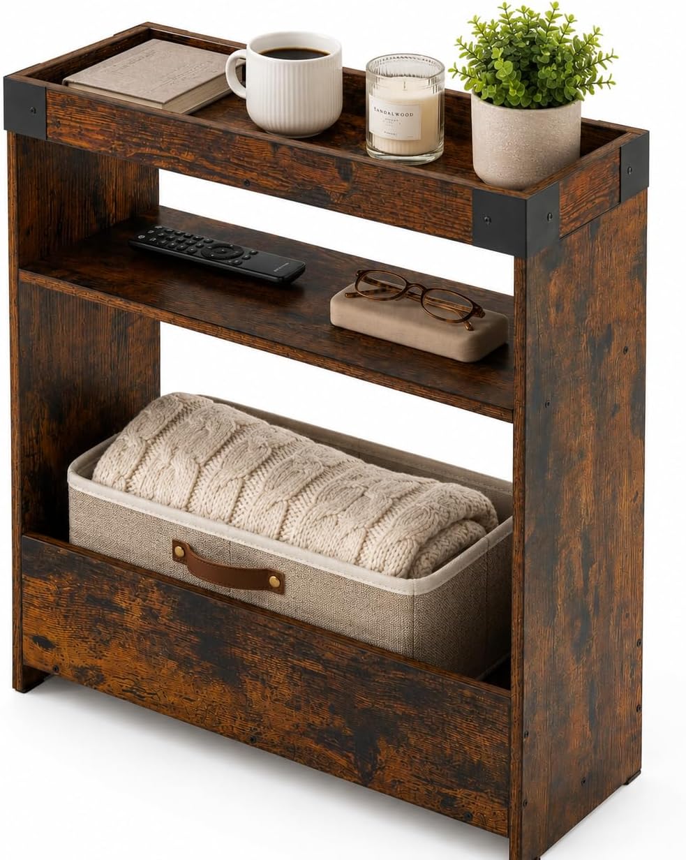 Farmhouse Narrow Side Table with Tray Top & Magazine Rack, Sofa Couch Sid...