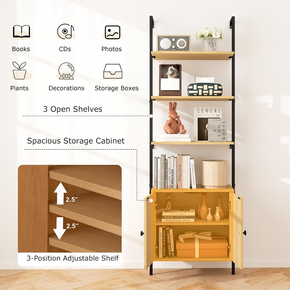 GIANTEX 72.5" Ladder Bookshelf with Cabinet, 6-Tier Tall Wall Mounted Bo...