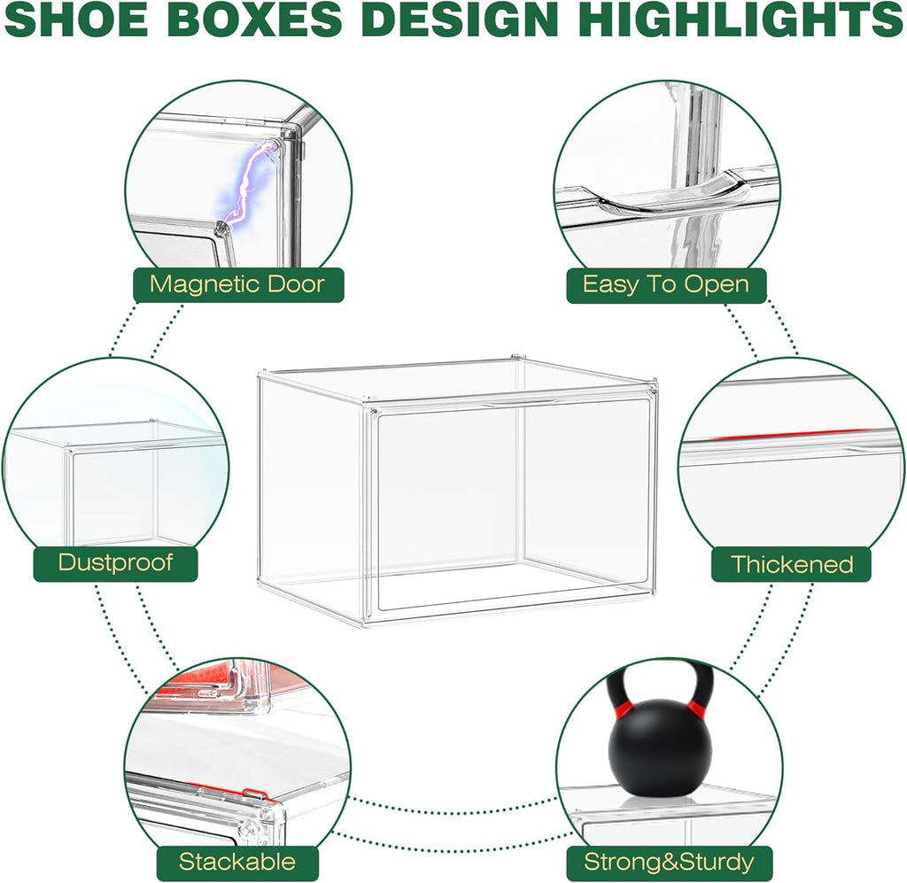 12 Pack X-Large Acrylic Display Case, Size 14 Clear Shoe Box Stackable Sneaker Display Case with Magnetic Lid Multipurpose Storage Bin for Closet for Purses, Handbags, Cosmetics, Collectibles